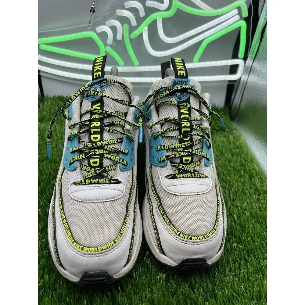 Nike Air Max 90 Worldwide‎ Sneaker Size 7Y Whit/Blue Fury Black Volt CV7665-100